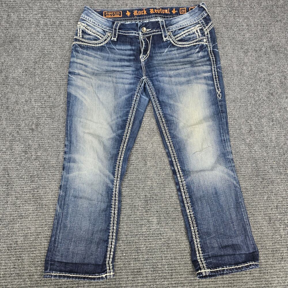 Rock Revival Becky Easy Capri Jeans Womens 29 32x24 Blue Rhinestone Thick Stitch